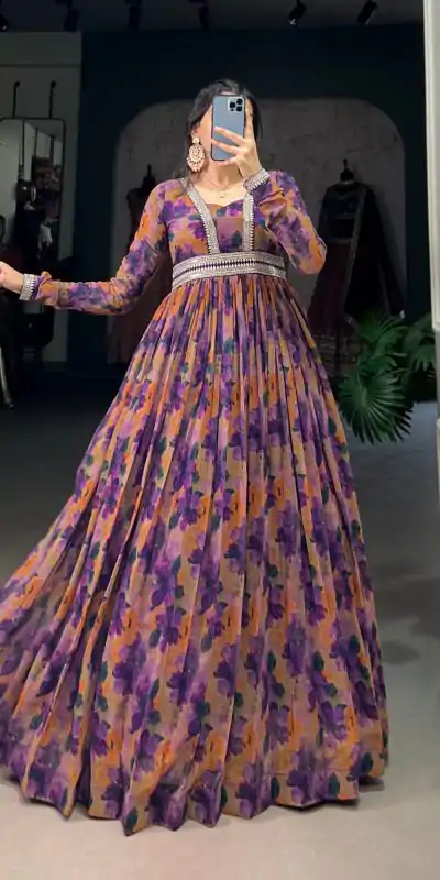 YNF 5019 Purple Color Georgette Floral print with Lace Border Gown Casual, Wedding, Festive, Events . Expected Delivery  4-6 Working Days @1799/- only      | Gowns, Bollywood Gowns, Creative Gowns, Designer Gowns, Embroidered Gowns, Party Wear Gowns