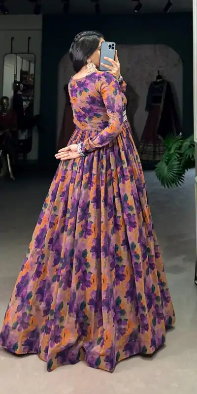 YNF 5019 Purple Color Georgette Floral print with Lace Border Gown Casual, Wedding, Festive, Events . Expected Delivery  4-6 Working Days @1799/- only      | Gowns, Bollywood Gowns, Creative Gowns, Designer Gowns, Embroidered Gowns, Party Wear Gowns