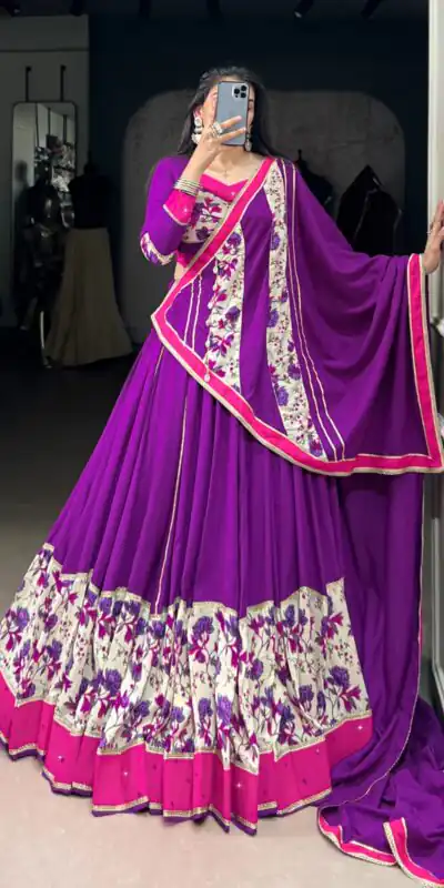LNB 1618 Purple Color Printed And Original Mirror Hand Work With Lace Lehenga Choli Wedding, Party, Festive, Events Etc. Delivery 4-6 Working Days Rs 4249 | Lehenga, Bollywood Lehenga, Creative Lehenga, Designer Lehenga, Embroidered Lehenga, Party Wear Lehenga