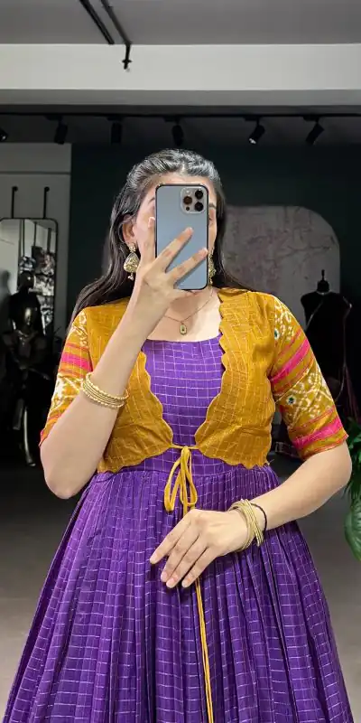 YNF 5028 Purple Color Tasar Chex Patola With Weaving Work Border Gown Casual, Wedding, Festive, Events . Expected Delivery  4-6 Working Days @1799/- only      | Gowns, Bollywood Gowns, Creative Gowns, Designer Gowns, Embroidered Gowns, Party Wear Gowns