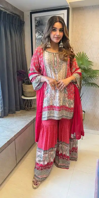 BE 387 Sky Red Roman Silk Sequence Embroidery Roman Silk Sequence Embroidery Work Salwar Suit Casual, Wedding, Festive, Events . Expected Delivery  4-6 Working Days @1949/- only      | Jump Suits, Salwar suit, Casual Suits, Creative suits, Designer Suits, Palazzo Suits, Party Wear Suits, Patiala Suits, Straight Suits