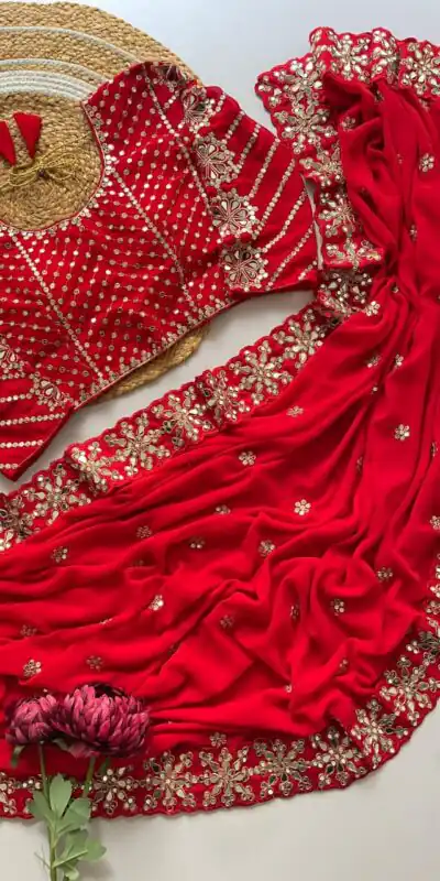 DF 3456 Red Color Heavy quality Faux Georgette Original Mirror Saree Casual, Wedding, Festive, Events . Expected Delivery  4-6 Working Days @2099/- only                                                                                | Sarees, Bollywood Sarees, Creative Sarees, Designer Sarees, Embroidered Sarees, Ethnic Saree, Modern Digital sarees, Party Wear Sarees