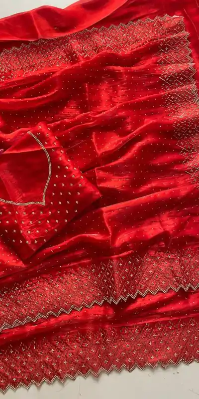 DF 3467 Red Color Jimmy Choo Full Zarkhan Diamond Work Saree Casual, Wedding, Festive, Events . Expected Delivery  4-6 Working Days @2099/- only                                                                                | Sarees, Bollywood Sarees, Creative Sarees, Designer Sarees, Embroidered Sarees, Ethnic Saree, Modern Digital sarees, Party Wear Sarees