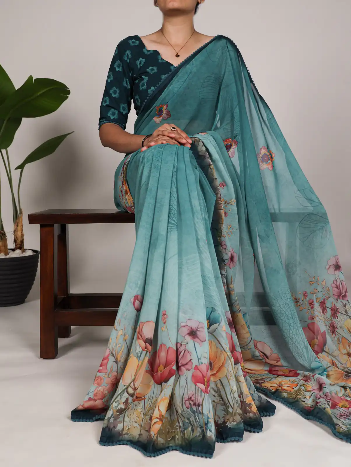 YNF 7009 Teal Color Georgette Floral Print With Lace Border Saree Casual, Wedding, Festive, Events . Expected Delivery  4-6 Working Days @1299/- only                                                                                | Sarees, Bollywood Sarees, Creative Sarees, Designer Sarees, Embroidered Sarees, Ethnic Saree, Modern Digital sarees, Party Wear Sarees
