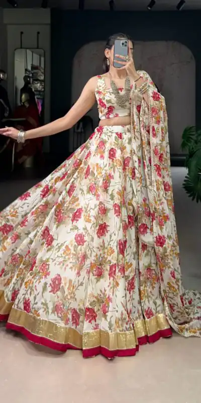 LNB 1672 White Color Chiffon Floral Print Foil Print Embossed Design Lehenga Choli Wedding, Party, Festive, Events Etc. Delivery 4-6 Working Days Rs 3499 | Lehenga, Bollywood Lehenga, Creative Lehenga, Designer Lehenga, Embroidered Lehenga, Party Wear Lehenga