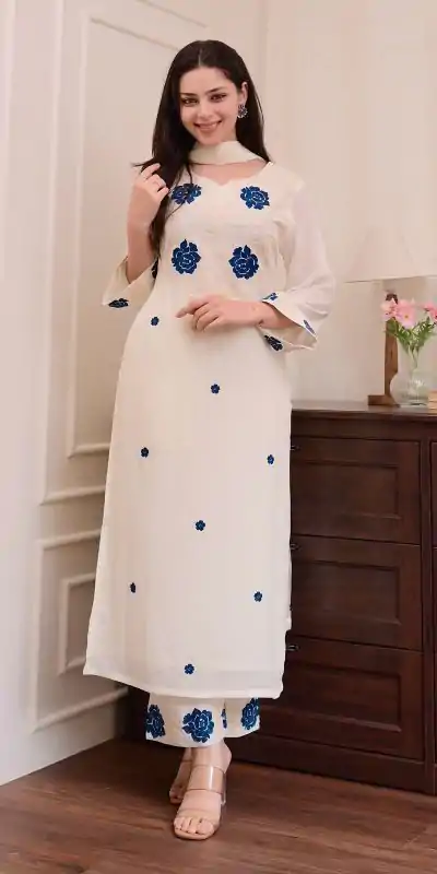 BE 382 White Color Roman Silk Embroidery Work Salwar Suit Casual, Wedding, Festive, Events . Expected Delivery  4-6 Working Days @1949/- only      | Jump Suits, Tops & Bottoms, Track Suits, Salwar suit, Casual Suits, Creative suits, Designer Suits, Palazzo Suits, Party Wear Suits, Patiala Suits, Straight Suits, Trendy Wear