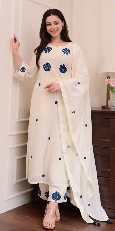 BE 382 White Color Roman Silk Embroidery Work Salwar Suit Casual, Wedding, Festive, Events . Expected Delivery  4-6 Working Days @1949/- only      | Jump Suits, Tops & Bottoms, Track Suits, Salwar suit, Casual Suits, Creative suits, Designer Suits, Palazzo Suits, Party Wear Suits, Patiala Suits, Straight Suits, Trendy Wear