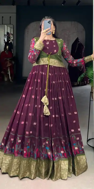 YNF 5031 Wine Color Poly Cotton Kalamkari Print Zari Weaving Work Gown Casual, Wedding, Festive, Events . Expected Delivery  4-6 Working Days @1999/- only      | Gowns, Bollywood Gowns, Creative Gowns, Designer Gowns, Embroidered Gowns, Party Wear Gowns