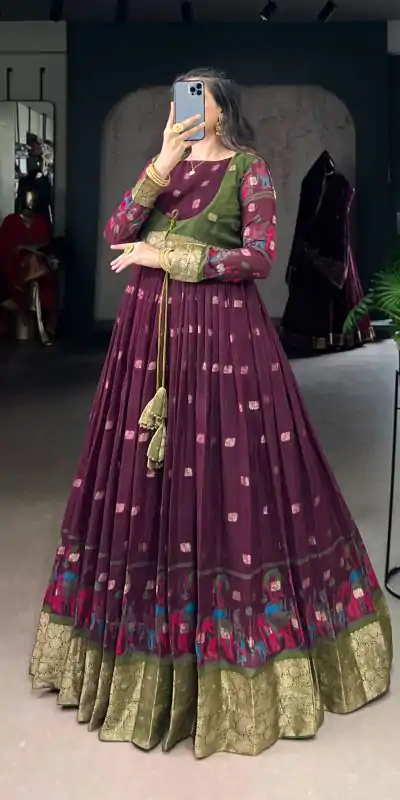 YNF 5031 Wine Color Poly Cotton Kalamkari Print Zari Weaving Work Gown Casual, Wedding, Festive, Events . Expected Delivery  4-6 Working Days @1999/- only      | Gowns, Bollywood Gowns, Creative Gowns, Designer Gowns, Embroidered Gowns, Party Wear Gowns