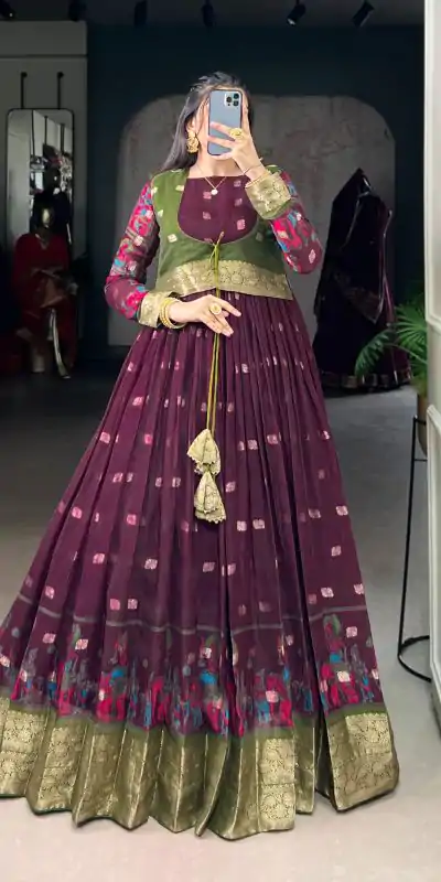 YNF 5031 Wine Color Poly Cotton Kalamkari Print Zari Weaving Work Gown Casual, Wedding, Festive, Events . Expected Delivery  4-6 Working Days @1999/- only      | Gowns, Bollywood Gowns, Creative Gowns, Designer Gowns, Embroidered Gowns, Party Wear Gowns