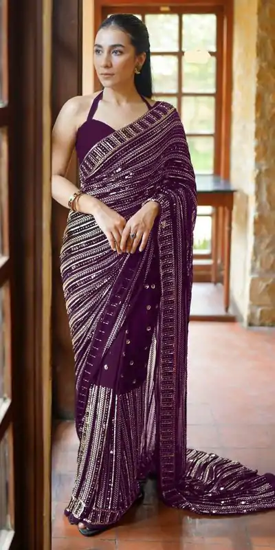 DF 3451 Wine Color Faux Georgette 5mm Sequence Embroidery Work Saree Casual, Wedding, Festive, Events . Expected Delivery  4-6 Working Days @1799/- only                                                 | Sarees, Bollywood Sarees, Creative Sarees, Designer Sarees, Embroidered Sarees, Ethnic Saree, Modern Digital sarees, Party Wear Sarees