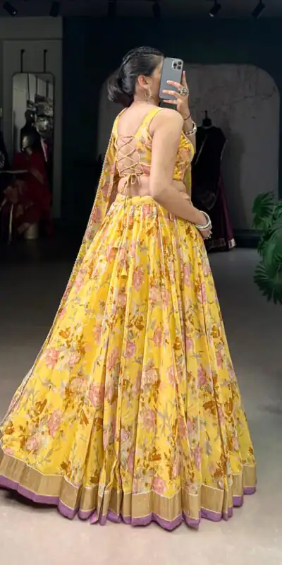 LNB 1672 Yellow Color Chiffon Floral Print Foil Print Embossed Design Lehenga Choli Wedding, Party, Festive, Events Etc. Delivery 4-6 Working Days Rs 3099 | Lehenga, Bollywood Lehenga, Creative Lehenga, Designer Lehenga, Embroidered Lehenga, Party Wear Lehenga