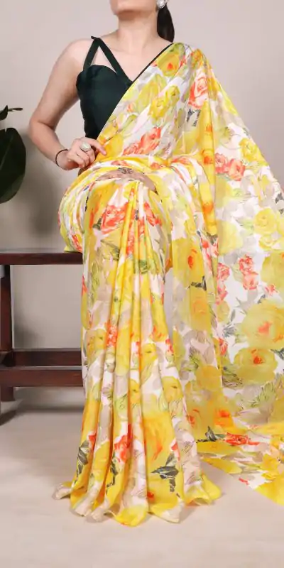YNF 7017 Yellow Color Dull Satin Floral Printed Saree Casual, Wedding, Festive, Events . Expected Delivery  4-6 Working Days @1499/- only                                                                                | Sarees, Bollywood Sarees, Creative Sarees, Designer Sarees, Embroidered Sarees, Ethnic Saree, Modern Digital sarees, Party Wear Sarees