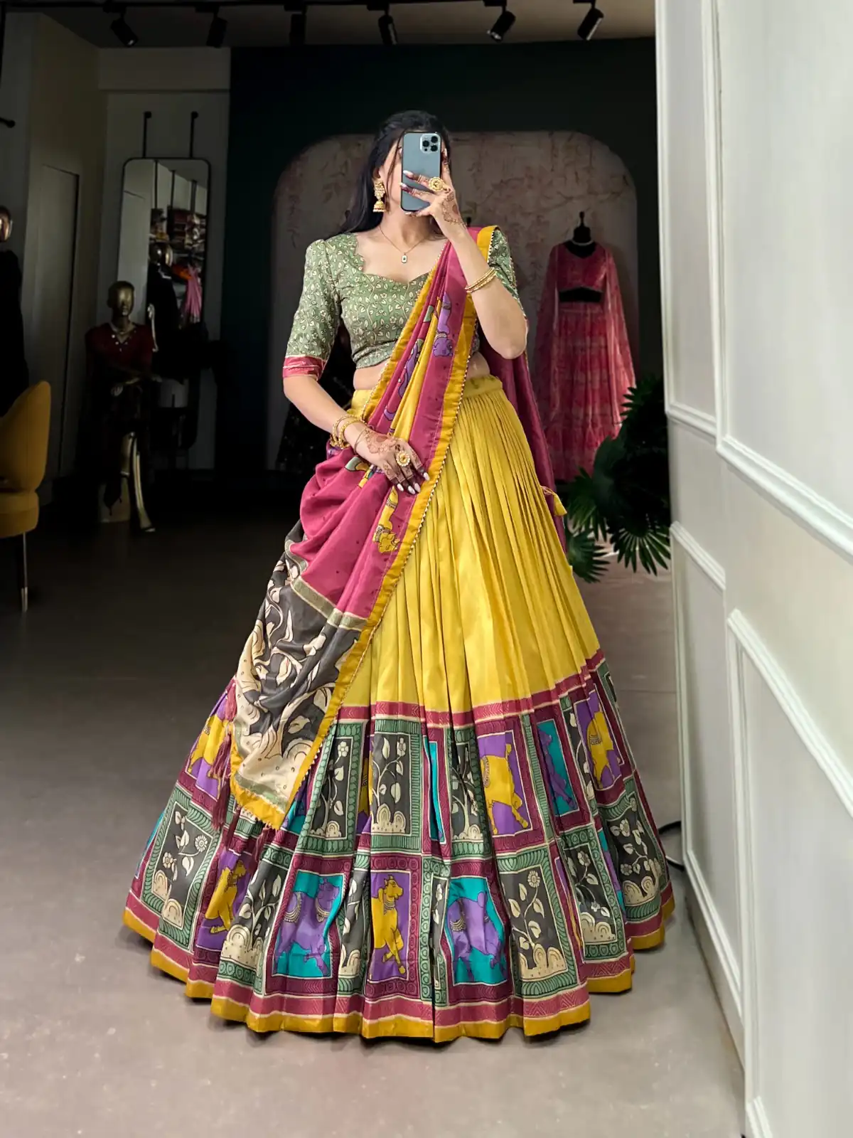 LNB 1235 Yellow Color Tasar Silk Kalamkari With Foil Work Lehenga Choli Wedding, Party, Festive, Events Etc. Delivery 4-6 Working Days Rs 2499 | Lehenga, Bollywood Lehenga, Creative Lehenga, Designer Lehenga, Embroidered Lehenga, Party Wear Lehenga