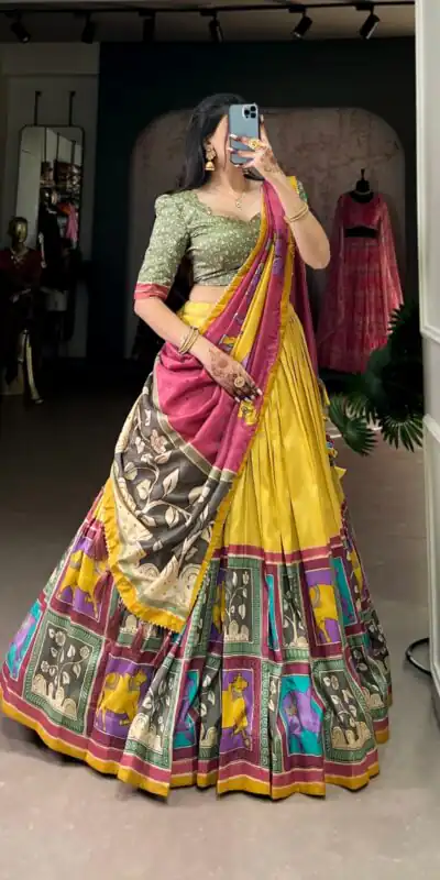 LNB 1235 Yellow Color Tasar Silk Kalamkari With Foil Work Lehenga Choli Wedding, Party, Festive, Events Etc. Delivery 4-6 Working Days Rs 2499 | Lehenga, Bollywood Lehenga, Creative Lehenga, Designer Lehenga, Embroidered Lehenga, Party Wear Lehenga