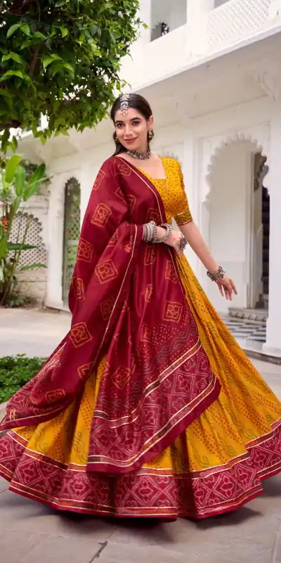 LNB 1250 Yellow Color Tasar Silk Bandhej Print With Gotta Patti Lace Lehenga Choli Festive Party Wedding, Events etc. Delivery 4-6 Working Days @2149/- | Lehenga, Bollywood Lehenga, Creative Lehenga, Designer Lehenga, Embroidered Lehenga, Party Wear Lehenga