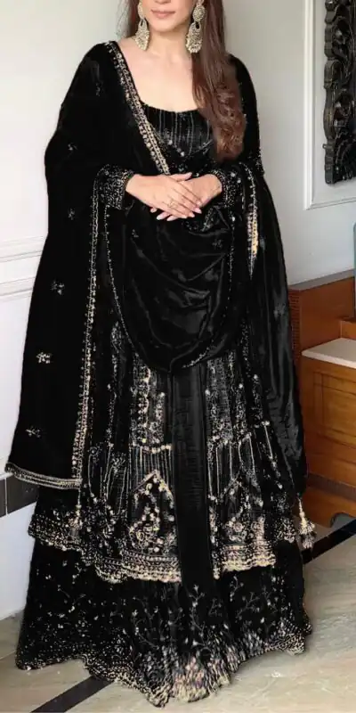 Black Crunchy Silk Lace Embroidery Work Gown