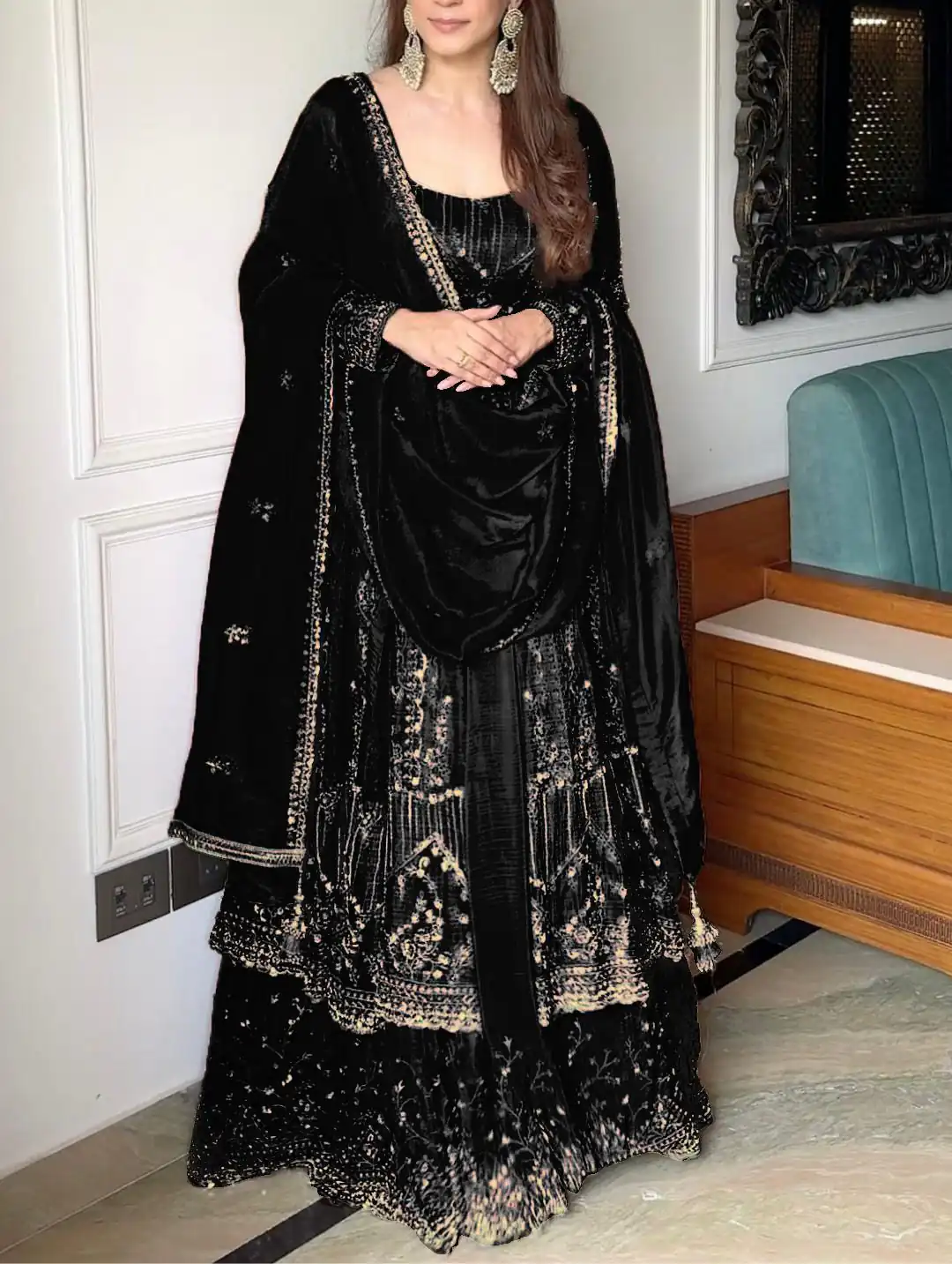 Black Crunchy Silk Lace Embroidery Work Gown