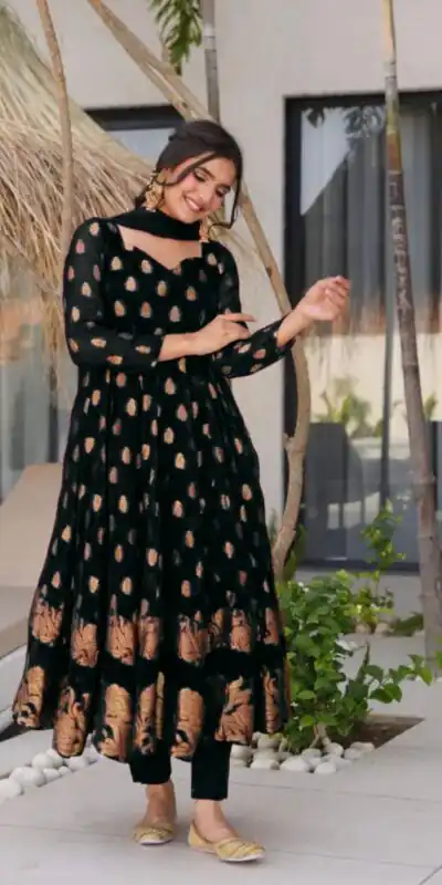 Black Faux Georgette Embroidery Work Gown