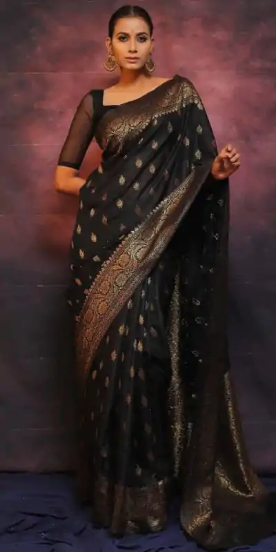 KP 6010 Black Soft Lichi Silk Jacquard Saree Perfect for Wedding, Party, Traditional Day, Family Gatherings, Sangeet . Grab it for ₹1349. Delivery 4-6 W | Sarees, Bollywood Sarees, Creative Sarees, Designer Sarees, Embroidered Sarees, Ethnic Saree, Modern Digital sarees, Party Wear Sarees