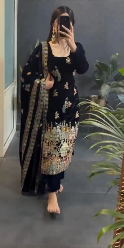 VLM 237 Black Viscose Velvet Salwar Suit Perfect for Wedding, Party, Karwa Chauth, Pooja, Ethnic Day – . Exclusive Offer ₹2449. Delivery 4-6 Working Days | Jump Suits, Salwar suit, Casual Suits, Creative suits, Designer Suits, Palazzo Suits, Party Wear Suits, Patiala Suits, Straight Suits