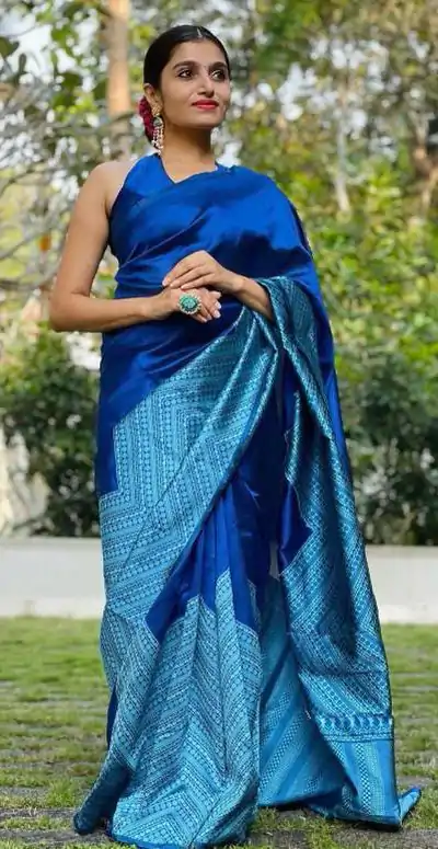 KP 2035 Blue Soft Lichi Silk Saree Perfect for Wedding, Party, Karwa Chauth, Pongal, Haldi . Available at ₹1399 only. Delivery 4-6 Working Days. | Sarees, Bollywood Sarees, Creative Sarees, Designer Sarees, Embroidered Sarees, Ethnic Saree, Modern Digital sarees, Party Wear Sarees