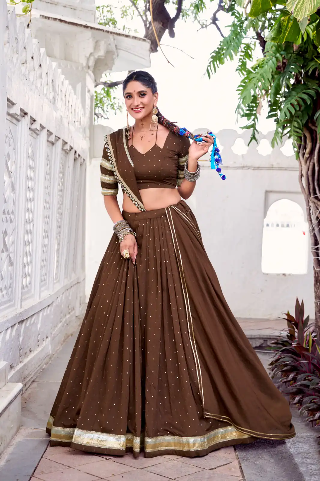 Brown Chanderi Lace Zari Work Lehenga Choli - Image 2