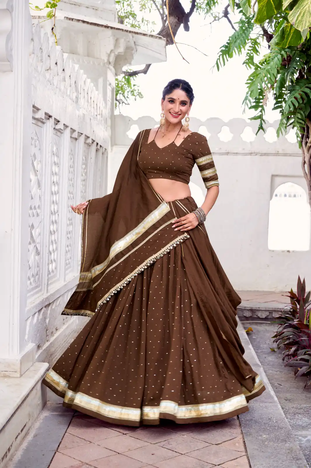 Brown Chanderi Lace Zari Work Lehenga Choli