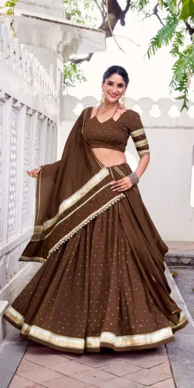 LNB 1664 Brown Pure Chanderi Lehenga Choli Perfect for Wedding, Party, Family Gatherings, Festival Celebrations, Grab it for ₹2999. Delivery 4-6 Days | Lehenga, Bollywood Lehenga, Creative Lehenga, Designer Lehenga, Embroidered Lehenga, Party Wear Lehenga