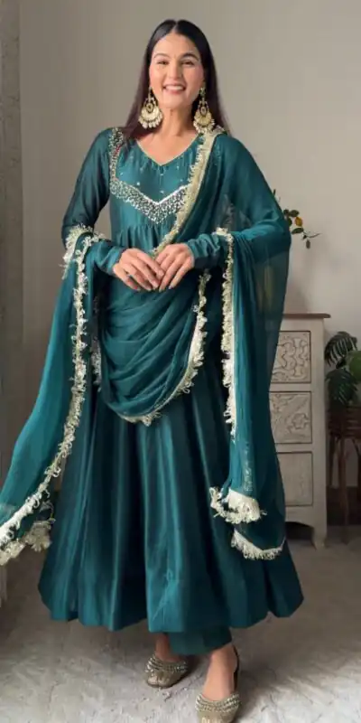 VLM 238 Firozi in Star Georgette. Lace Work Gown Wedding, Party, Festive, Events at ₹1999 only. Delivery 4-6 Working Days. Shop now. | Gowns, Bollywood Gowns, Creative Gowns, Designer Gowns, Embroidered Gowns, Party Wear Gowns