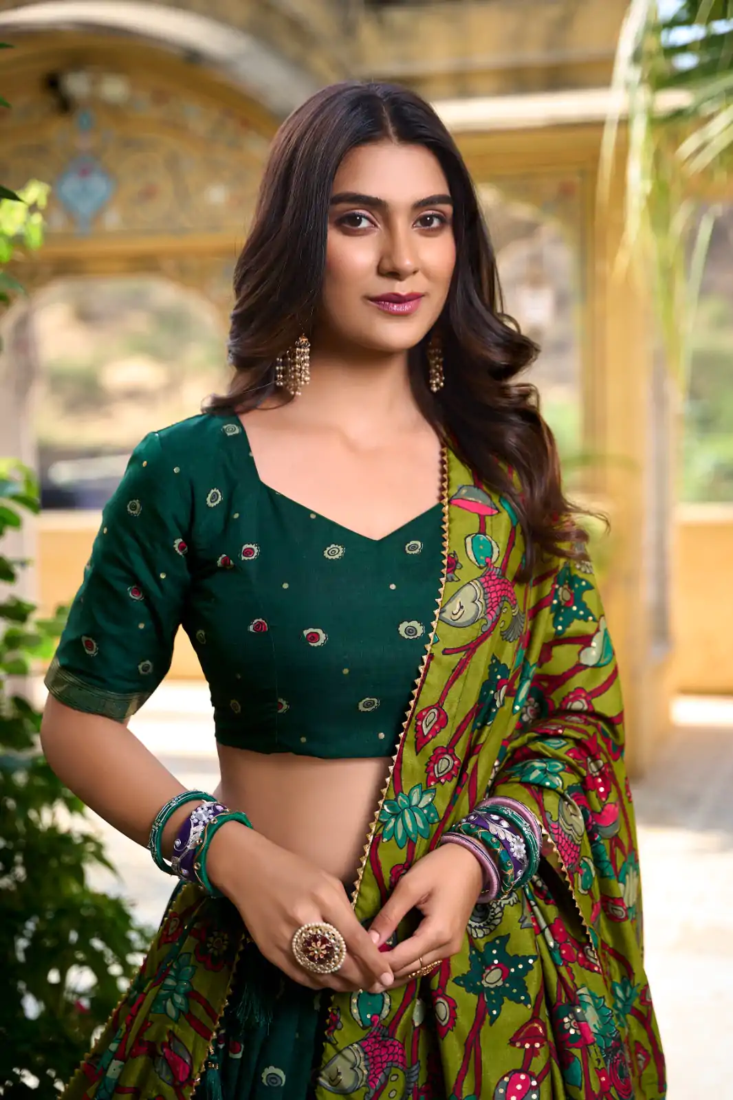 LNB 1219 Green Tasar Silk With Gotta Patti Work & Kalamkari Print Lehenga Choli . Best Price ₹2449. Delivery 4-6 Working Days. Shop now. | Lehenga, Bollywood Lehenga, Creative Lehenga, Designer Lehenga, Embroidered Lehenga, Party Wear Lehenga