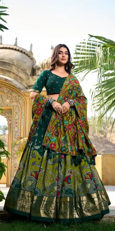 LNB 1219 Green Tasar Silk With Gotta Patti Work & Kalamkari Print Lehenga Choli . Best Price ₹2449. Delivery 4-6 Working Days. Shop now. | Lehenga, Bollywood Lehenga, Creative Lehenga, Designer Lehenga, Embroidered Lehenga, Party Wear Lehenga