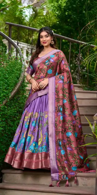 LNB 1222 Lavender Dola Silk With Kalamkari Print & Zari Work Lehenga Choli . Grab it for ₹1899. Delivery 4-6 Working Days. Shop now. | Lehenga, Bollywood Lehenga, Creative Lehenga, Designer Lehenga, Embroidered Lehenga, Party Wear Lehenga