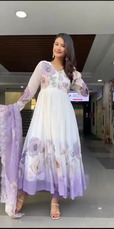 SR 1686 Lavender Faux Georgette With Embroidery Sequence Work With Fully Flair Gown Perfect for Wedding, Party, 4-6 Working Days At 2049 Only | Gowns, Bollywood Gowns, Creative Gowns, Designer Gowns, Embroidered Gowns, Party Wear Gowns