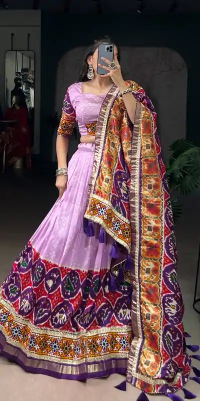 LNB 1734 Lavender Tasar Silk Gamthi Work With MirrorWork Lehenga Choli Introductory Price ₹2999. Delivery 4-6 Working Days. Shop now. | Lehenga, Bollywood Lehenga, Creative Lehenga, Designer Lehenga, Embroidered Lehenga, Party Wear Lehenga
