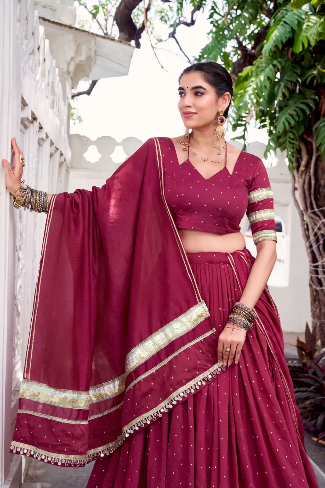 Maroon Chanderi Lace Zari Work Lehenga Choli - Image 2