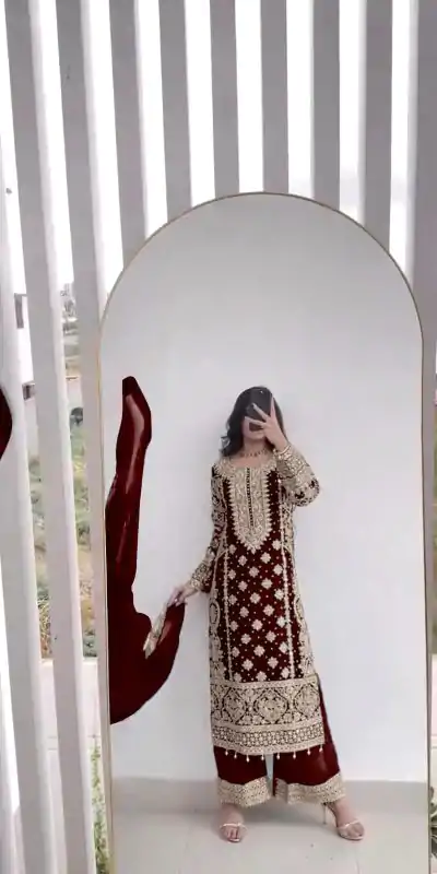 SR 1654 Maroon in Faux Georgette With Heavy Embroidery Sequence Work Wedding, Party, Festive, Events Special 4-6 Working Days At 2599/- Only | Jump Suits, Salwar suit, Casual Suits, Creative suits, Designer Suits, Palazzo Suits, Party Wear Suits, Patiala Suits, Straight Suits