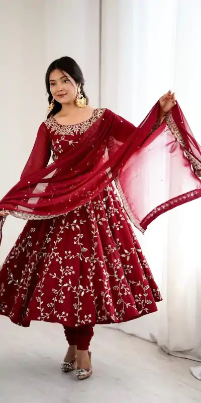 SRK 5299 Maroon Faux Georgette With Sequence Work Perfect for Wedding, Party, Temple Visit, Ganesh Chaturthi Festive, Events, 4-6 Working Days At 2149 | Gowns, Bollywood Gowns, Creative Gowns, Designer Gowns, Embroidered Gowns, Party Wear Gowns