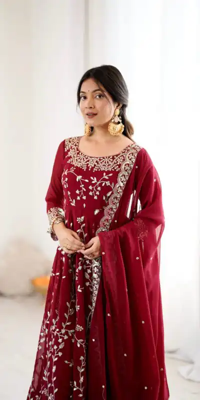 SRK 5299 Maroon Faux Georgette With Sequence Work Perfect for Wedding, Party, Temple Visit, Ganesh Chaturthi Festive, Events, 4-6 Working Days At 2149 | Gowns, Bollywood Gowns, Creative Gowns, Designer Gowns, Embroidered Gowns, Party Wear Gowns