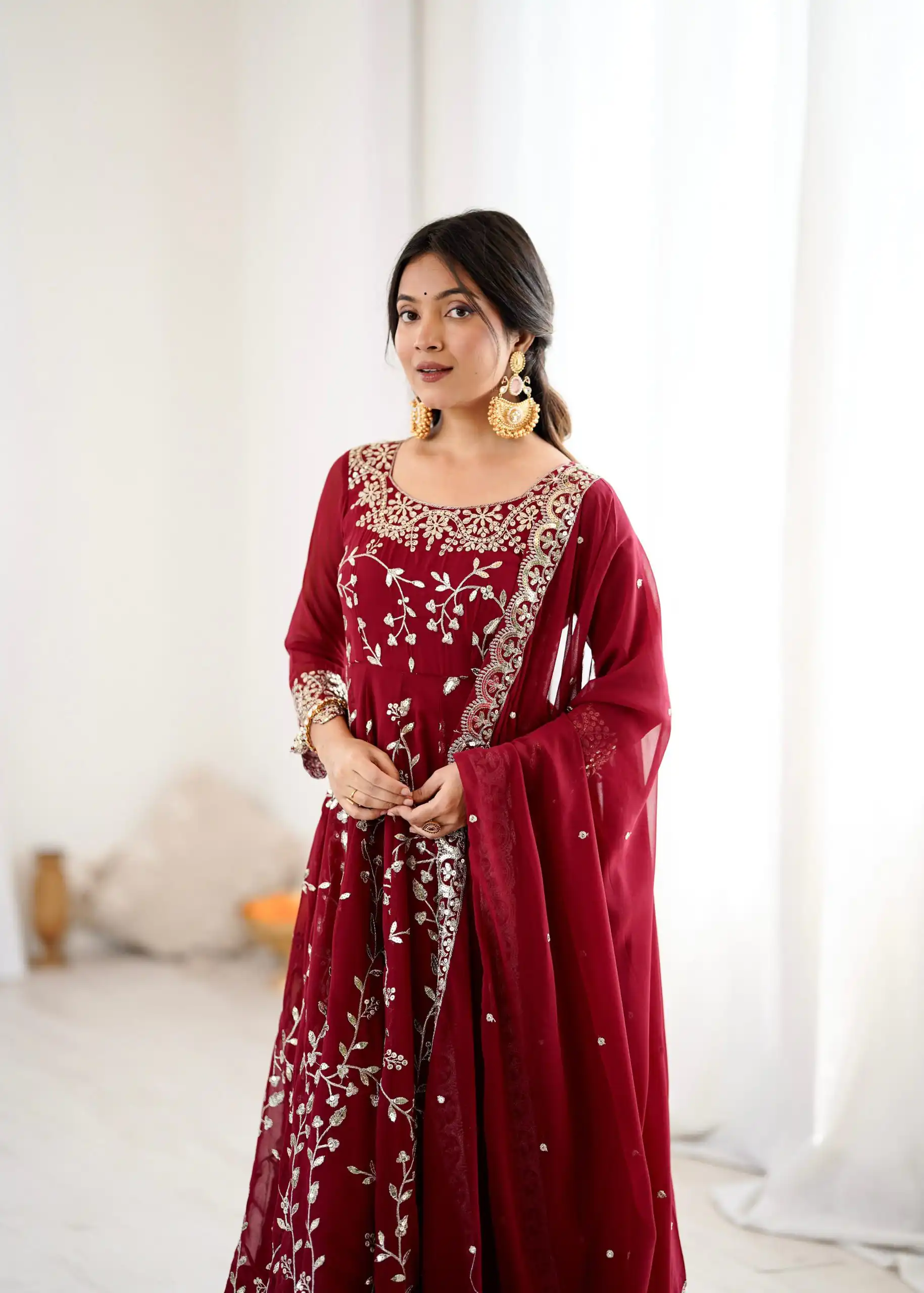 SRK 5299 Maroon Faux Georgette With Sequence Work Perfect for Wedding, Party, Temple Visit, Ganesh Chaturthi Festive, Events, 4-6 Working Days At 2149 | Gowns, Bollywood Gowns, Creative Gowns, Designer Gowns, Embroidered Gowns, Party Wear Gowns
