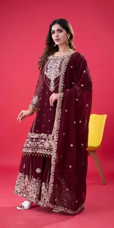 SR 1688 Maroon Faux Georgette with Lace Work & Embroidery Work. Salwar Suit Introductory Price ₹1949. Delivery 4-6 Working Days. Shop now. | Jump Suits, Salwar suit, Casual Suits, Creative suits, Designer Suits, Palazzo Suits, Party Wear Suits, Patiala Suits, Straight Suits