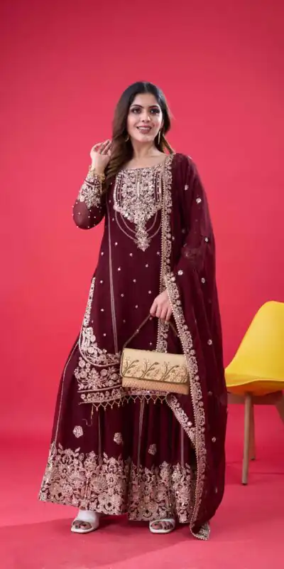 SR 1688 Maroon Faux Georgette with Lace Work & Embroidery Work. Salwar Suit Introductory Price ₹1949. Delivery 4-6 Working Days. Shop now. | Jump Suits, Salwar suit, Casual Suits, Creative suits, Designer Suits, Palazzo Suits, Party Wear Suits, Patiala Suits, Straight Suits