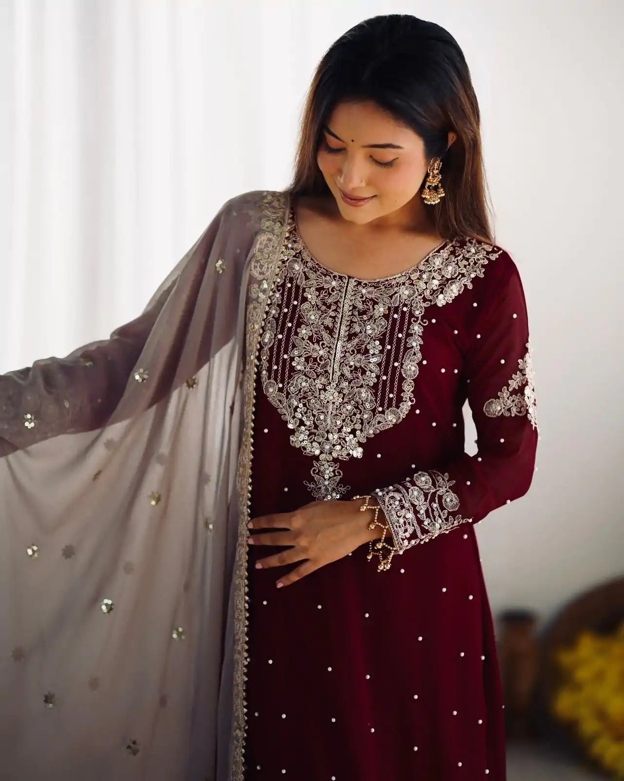 SR 1676 Maroon Heavy Faux Georgette With Heavy Embroidery Perfect for Wedding, Party, Ethnic Day, Reception, Diwali 4-6 Working Days At 2049/- Only | Jump Suits, Salwar suit, Casual Suits, Creative suits, Designer Suits, Palazzo Suits, Party Wear Suits, Patiala Suits, Straight Suits