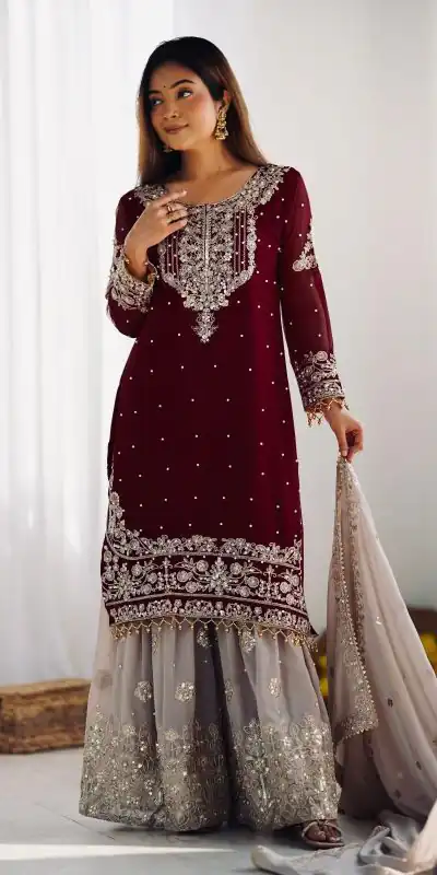SR 1676 Maroon Heavy Faux Georgette With Heavy Embroidery Perfect for Wedding, Party, Ethnic Day, Reception, Diwali 4-6 Working Days At 2049/- Only | Jump Suits, Salwar suit, Casual Suits, Creative suits, Designer Suits, Palazzo Suits, Party Wear Suits, Patiala Suits, Straight Suits