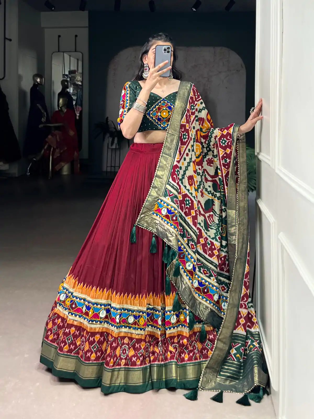 LNB 1727 Maroon Tasar Silk With Gamthi Work & Mirror Work. Get it for Lehenga Choli ₹2999. Delivery 4-6 Working Days. Shop now. | Lehenga, Bollywood Lehenga, Creative Lehenga, Designer Lehenga, Embroidered Lehenga, Party Wear Lehenga