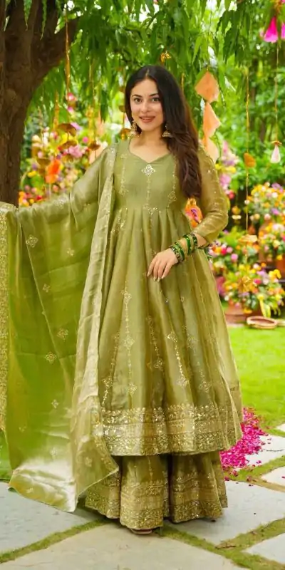 SSR 526 Mehandi Crunchy Silk With Heavy Embroidery Sequence Work With Fully Flair Salwar Suit Wedding, Party, Festive, Events, Now at just ₹2399. Delivery 4 | Jump Suits, Tops & Bottoms, Track Suits, Salwar suit, Casual Suits, Creative suits, Designer Suits, Palazzo Suits, Party Wear Suits, Patiala Suits, Straight Suits, Trendy Wear