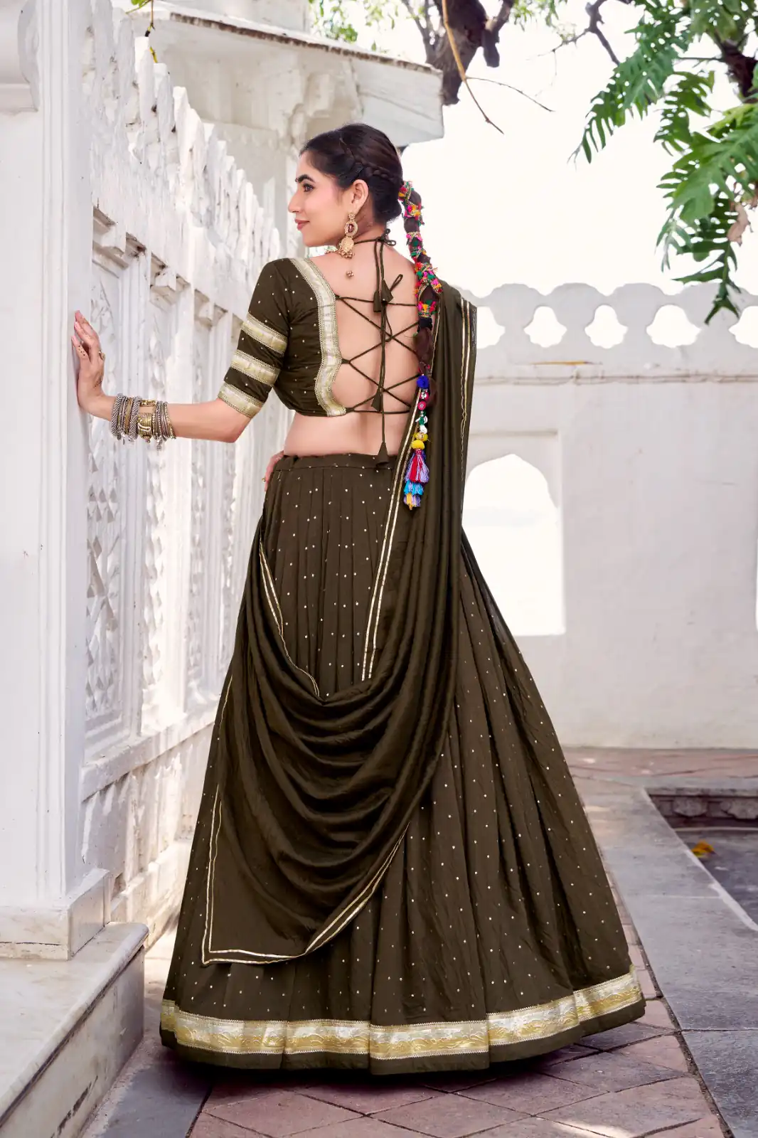 Mehendi Chanderi Lace Zari Work Lehenga Choli - Image 2