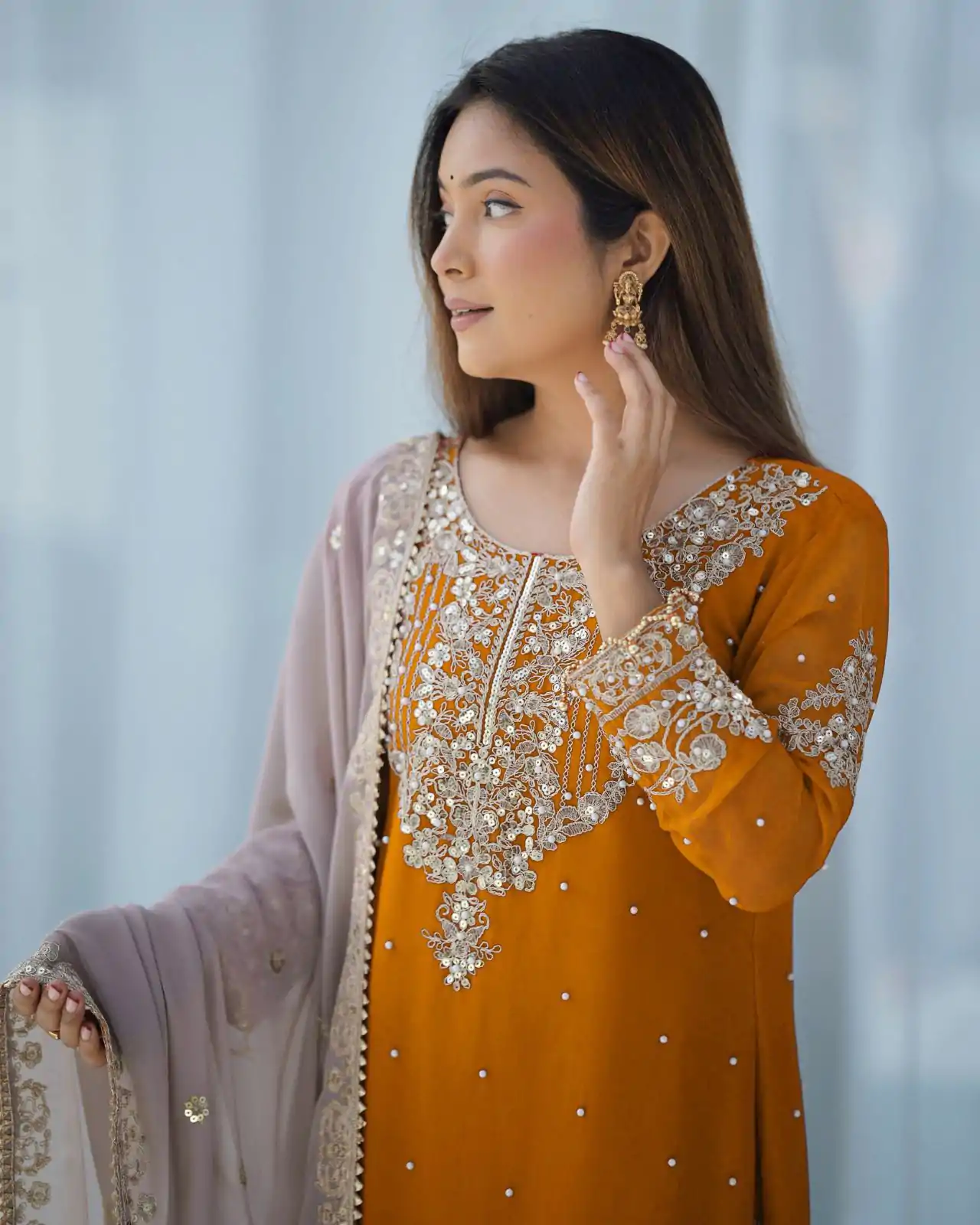 SR 1676 Mustard Heavy Faux Georgette With Heavy Embroidery Perfect for Wedding, Party, Ethnic Day, Reception, Diwali 4-6 Working Days At 2049/- Only | Jump Suits, Salwar suit, Casual Suits, Creative suits, Designer Suits, Palazzo Suits, Party Wear Suits, Patiala Suits, Straight Suits