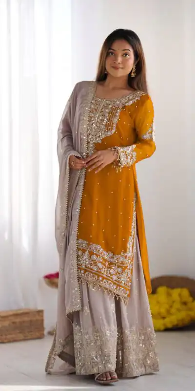 SR 1676 Mustard Heavy Faux Georgette With Heavy Embroidery Perfect for Wedding, Party, Ethnic Day, Reception, Diwali 4-6 Working Days At 2049/- Only | Jump Suits, Salwar suit, Casual Suits, Creative suits, Designer Suits, Palazzo Suits, Party Wear Suits, Patiala Suits, Straight Suits