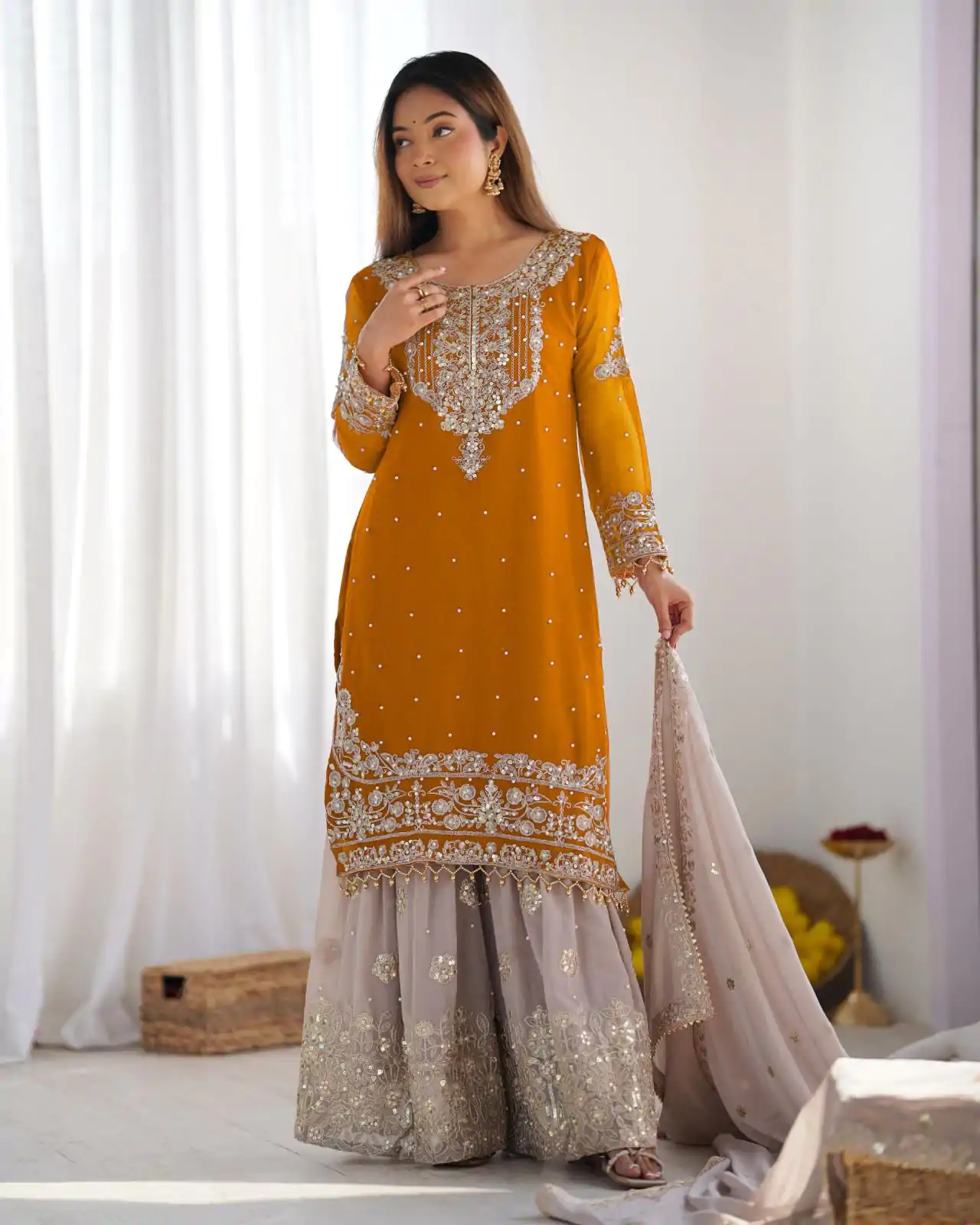 SR 1676 Mustard Heavy Faux Georgette With Heavy Embroidery Perfect for Wedding, Party, Ethnic Day, Reception, Diwali 4-6 Working Days At 2049/- Only | Jump Suits, Salwar suit, Casual Suits, Creative suits, Designer Suits, Palazzo Suits, Party Wear Suits, Patiala Suits, Straight Suits
